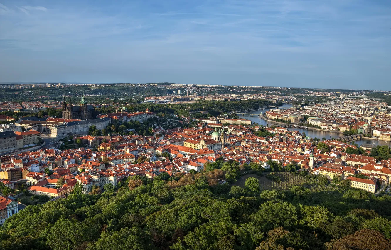 Photo wallpaper trees, bridge, river, home, Prague, The Czech Republic, Republic, panorama.