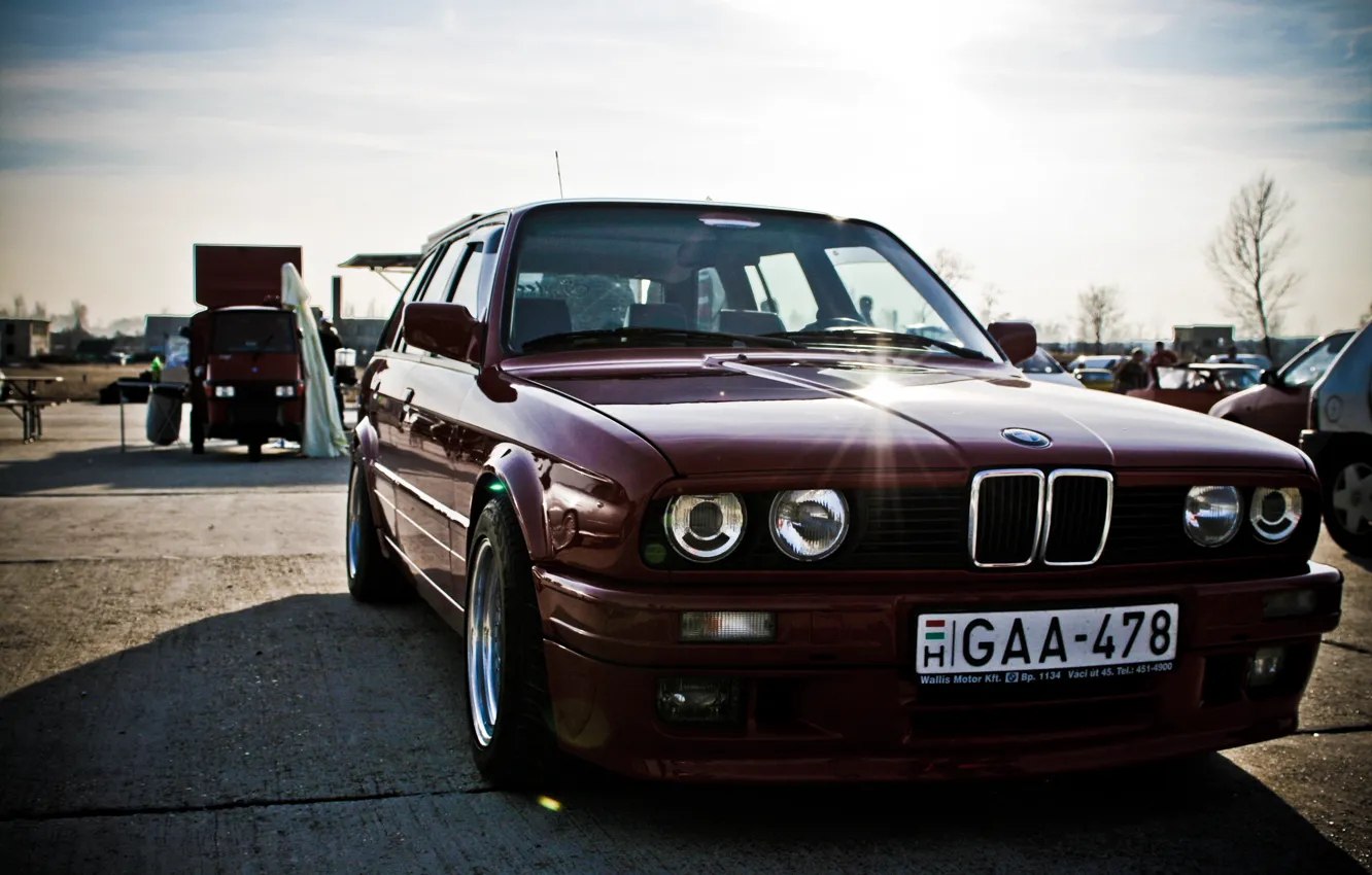 Photo wallpaper lights, tuning, BMW, exhibition, car, old, dark red, тouring