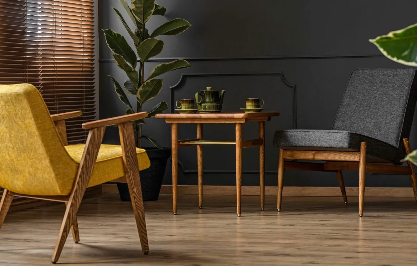 Photo wallpaper design, style, plant, interior, chair, living room, The combination of colors, black color in the …