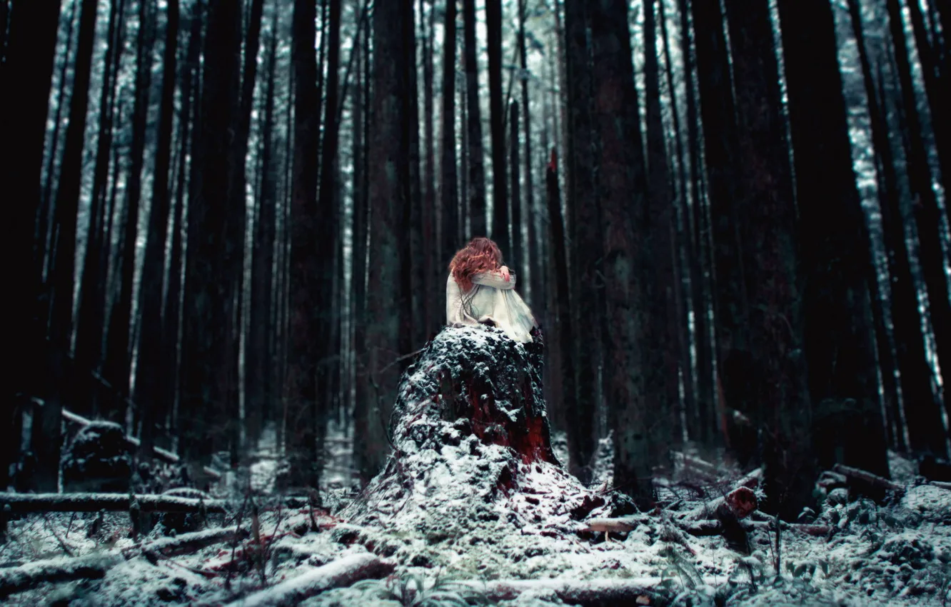 Photo wallpaper forest, girl, snow