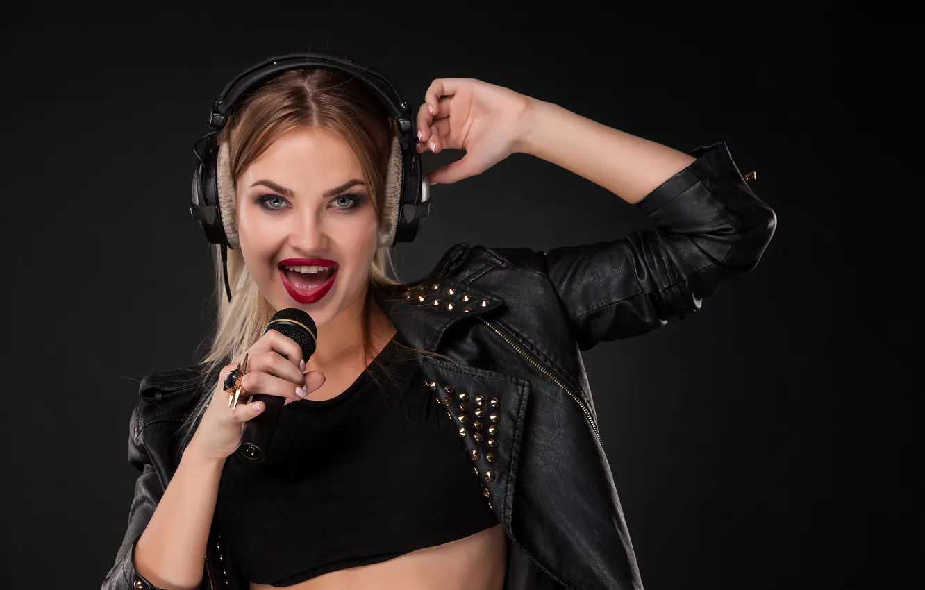 Photo wallpaper girl, pose, portrait, headphones, jacket, hairstyle, microphone, brown hair