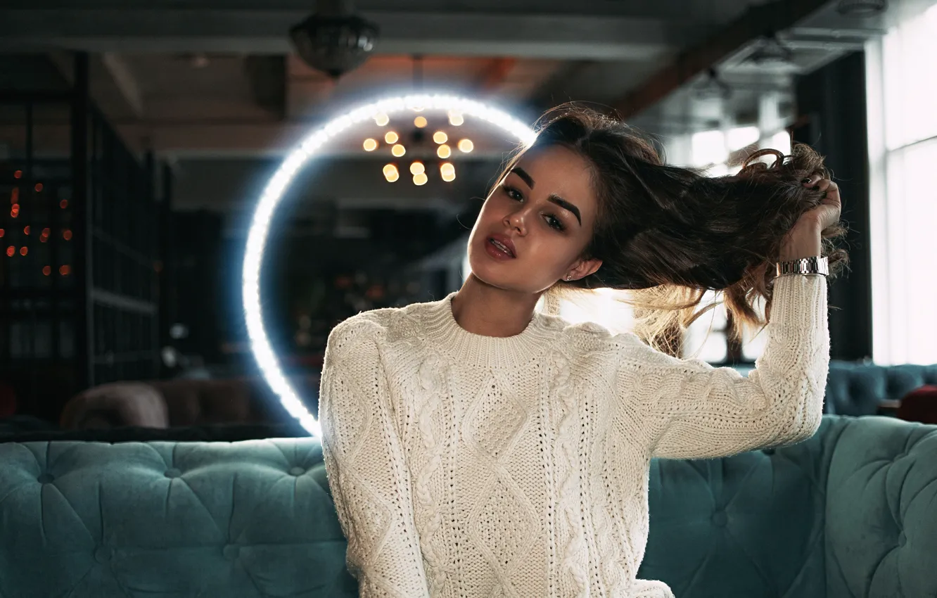 Photo wallpaper girl, pose, sofa, hair, sitting, sweater, Sasha Rusko, Jan Kradinov