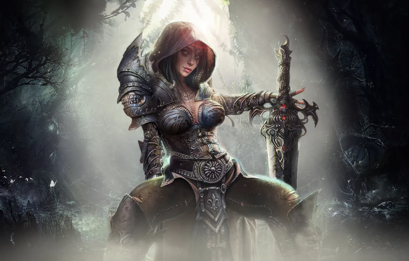 Photo wallpaper forest, girl, light, style, fiction, elf, sword, armor