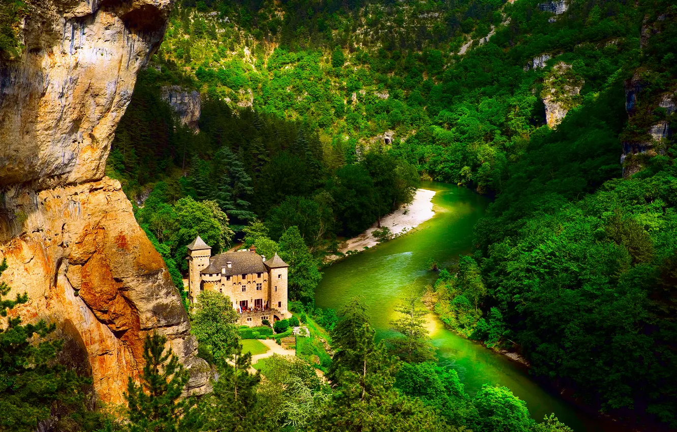 Photo wallpaper forest, mountains, river, castle, France, Laval
