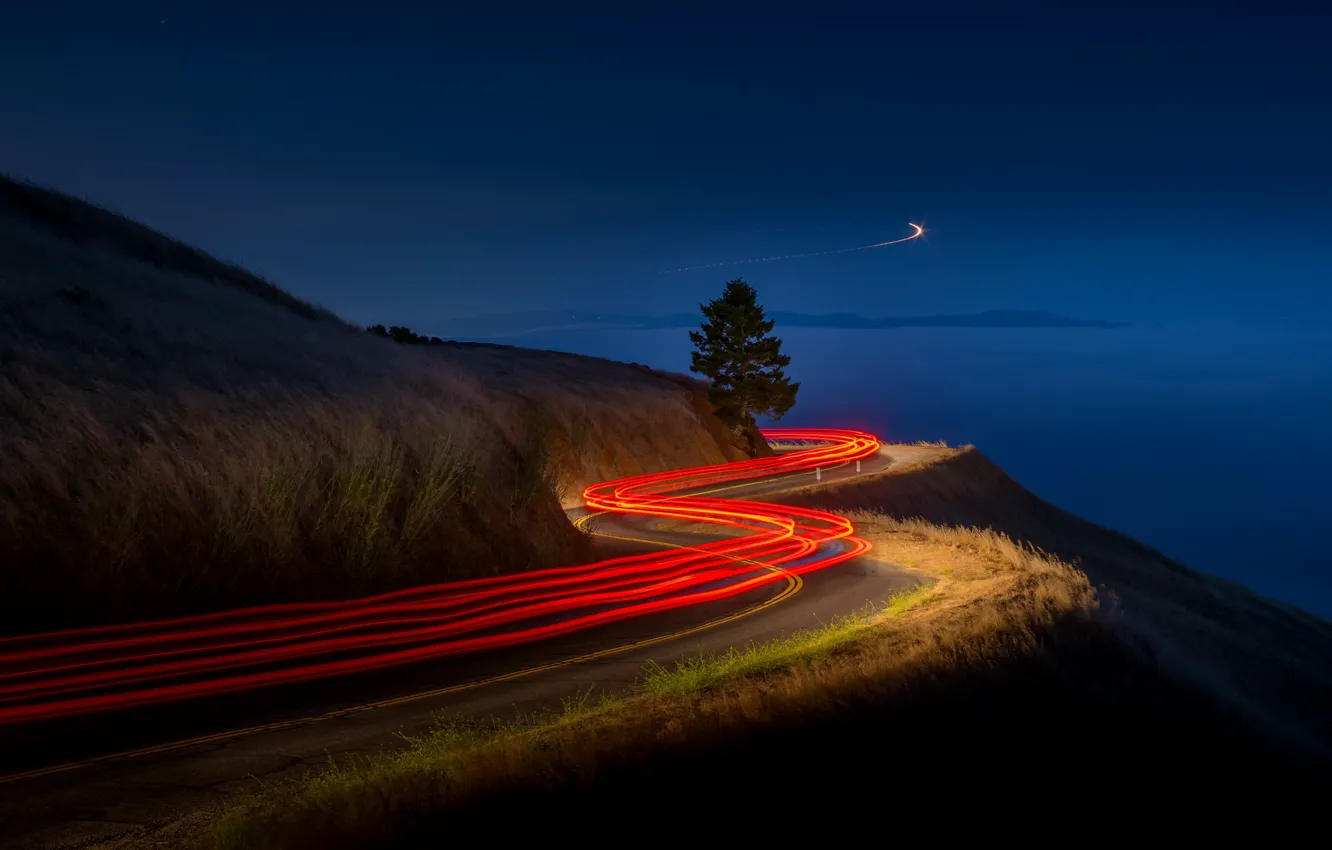 Photo wallpaper road, night, lights, mountain