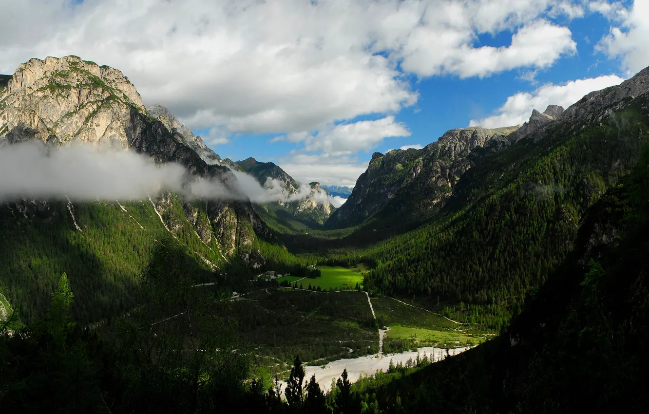 Photo wallpaper forest, mountains, valley, house