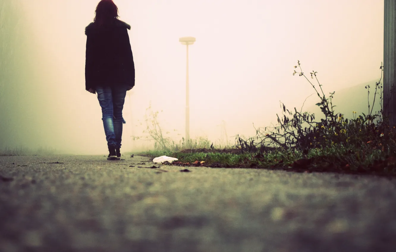 Photo wallpaper road, girl, fog, I walk a lonely road