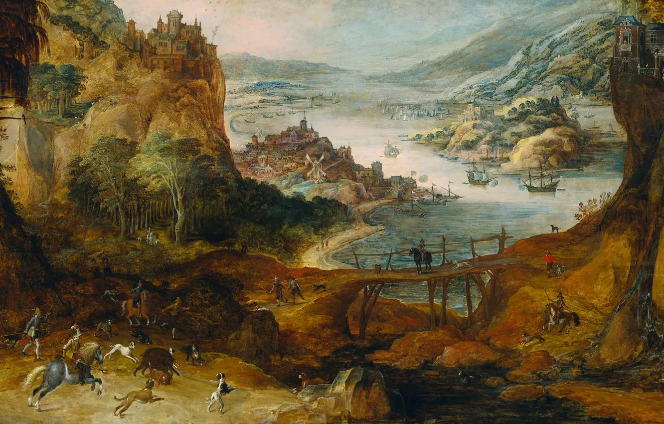 Photo wallpaper trees, oil, picture, Joos de Momper, River Landscape with a Hunt for wild Boar