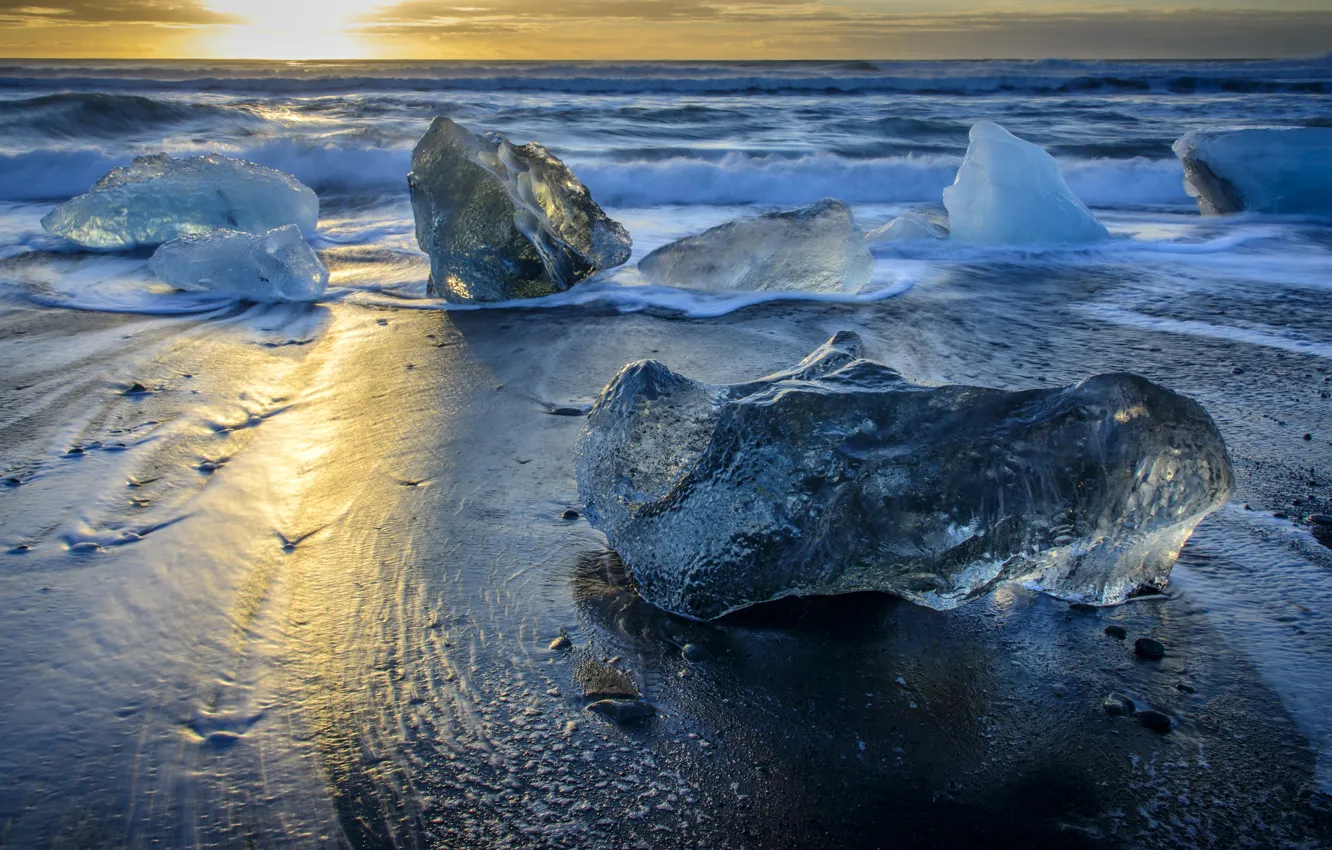 Photo wallpaper ice, sea, the sky, the sun, coast, horizon, Iceland, blocks