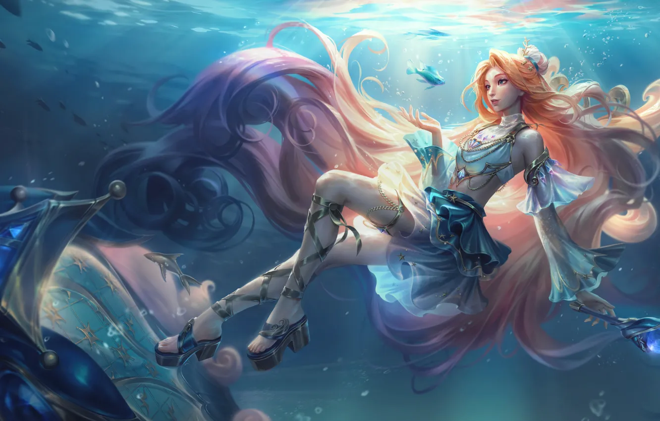 Photo wallpaper sea, fish, art, legs, splash, League of Legends, artwork, LoL