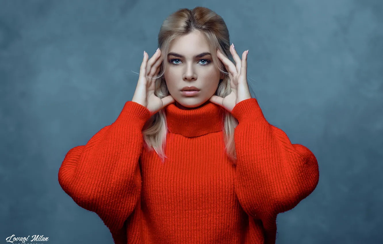 Photo wallpaper look, girl, face, background, portrait, hands, sweater, Knight Of Milan