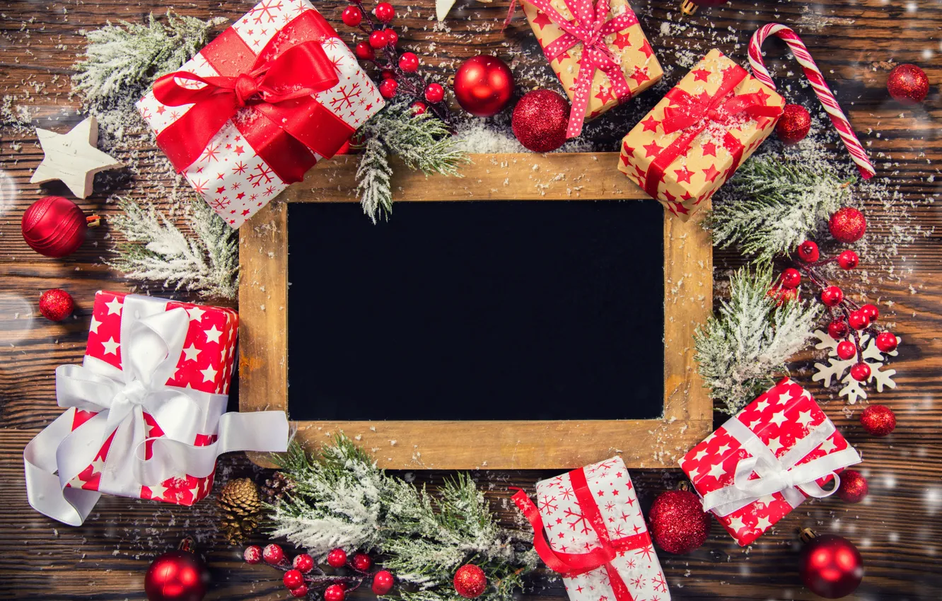 Photo wallpaper snow, decoration, branches, gift, new year, Christmas, Christmas, wood