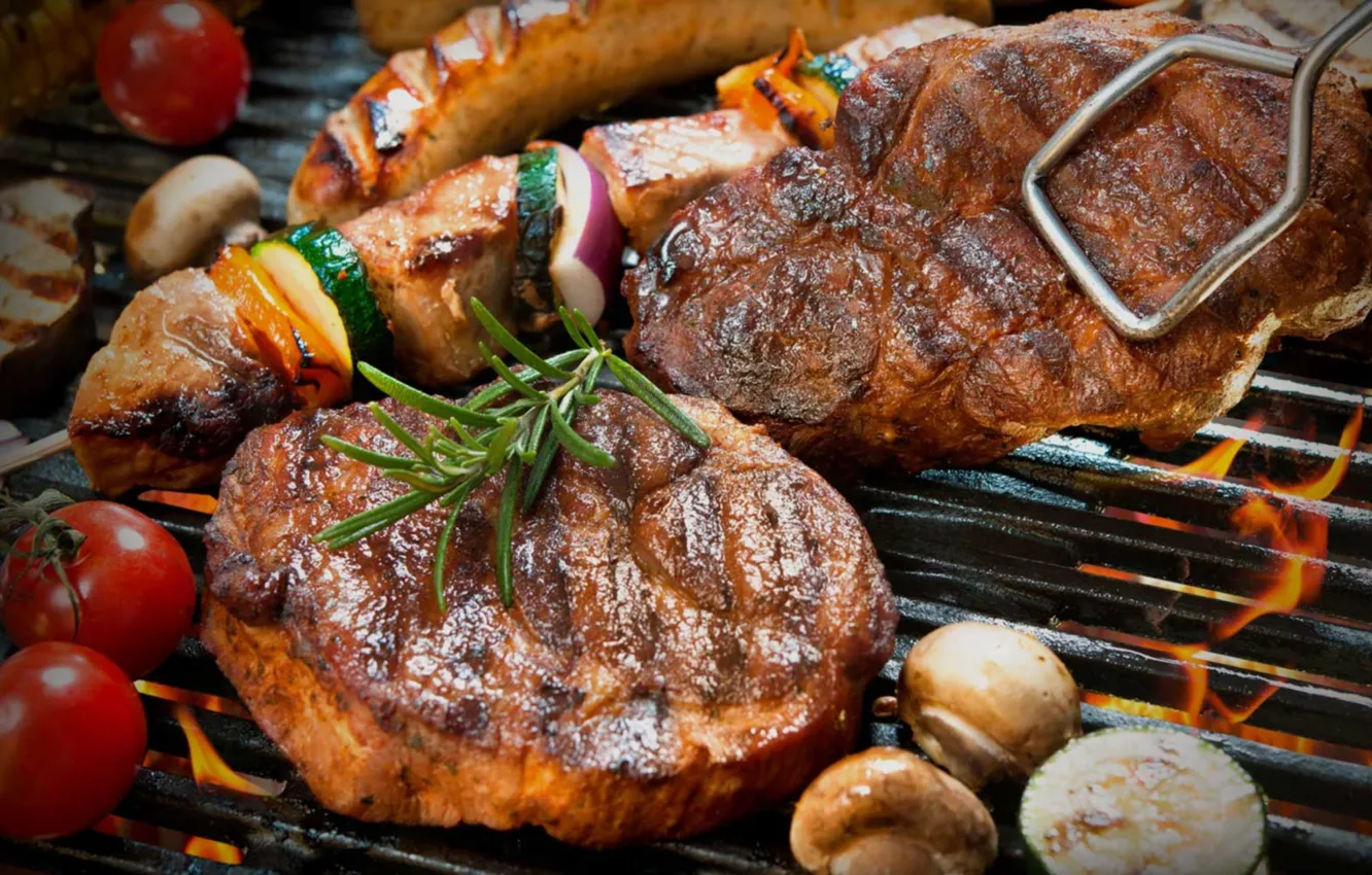 Photo wallpaper lights, mushrooms, meat, vegetables, steak, grill