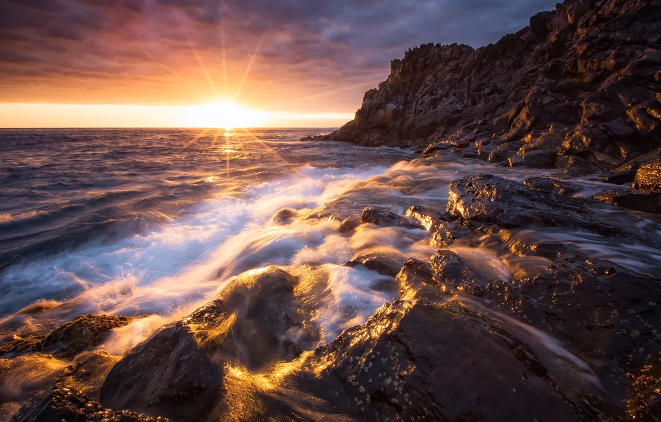 Photo wallpaper sea, wave, beach, the sky, the sun, clouds, rays, light