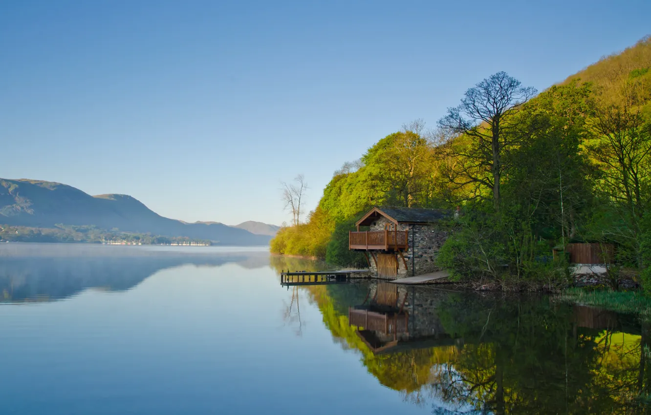 Photo wallpaper trees, mountains, lake, home