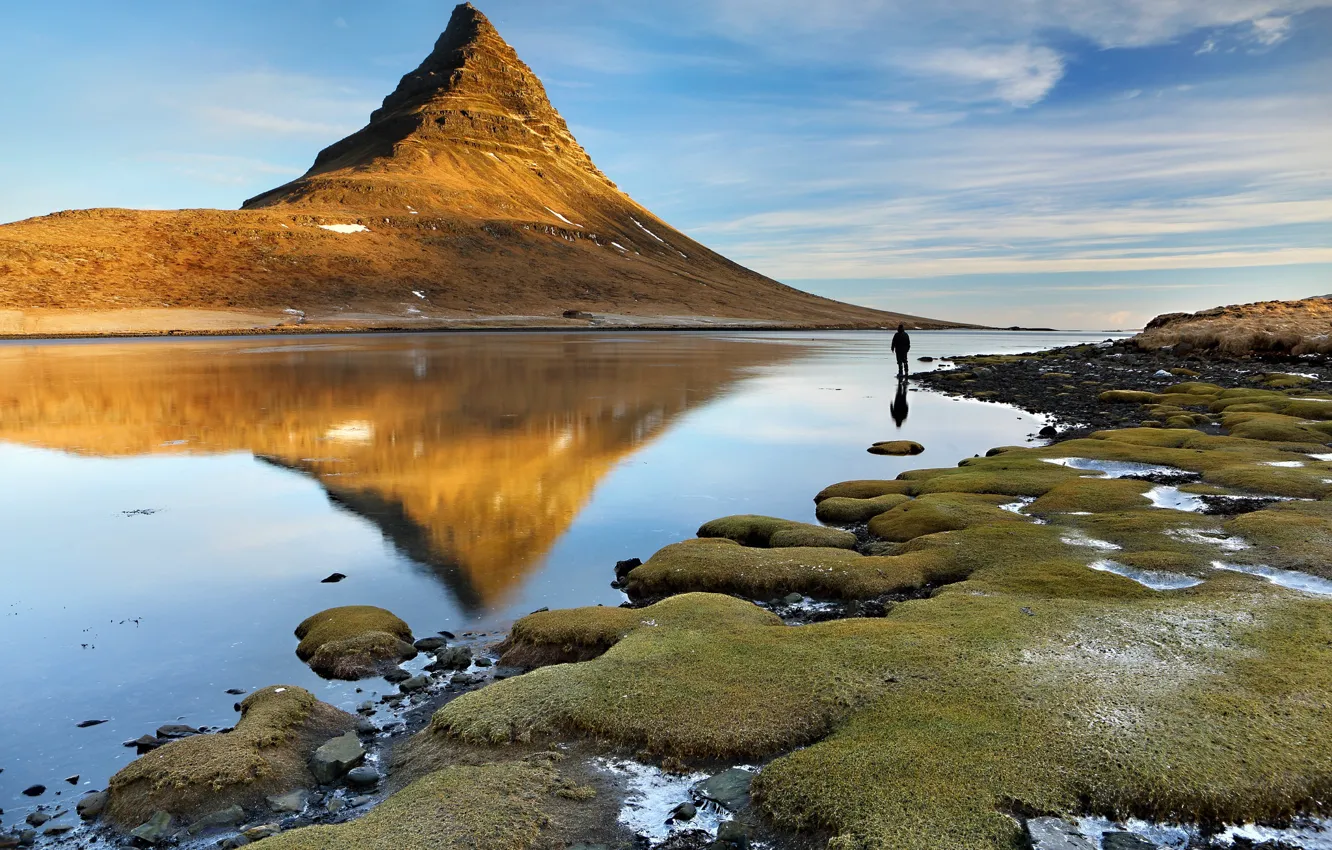 Photo wallpaper lake, people, mountain