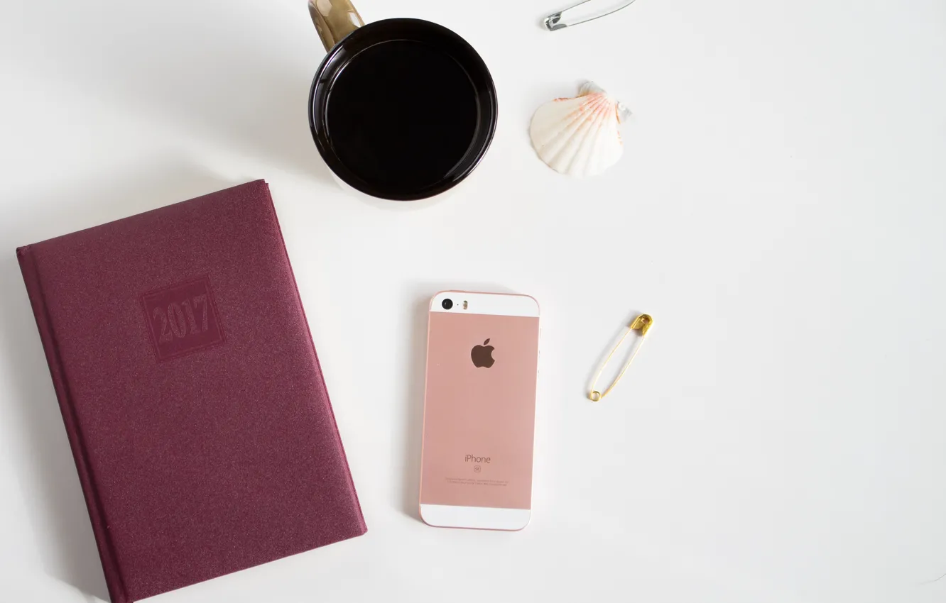 Photo wallpaper apple, coffee, Notepad, phone, shell, iphone, diary, 2017