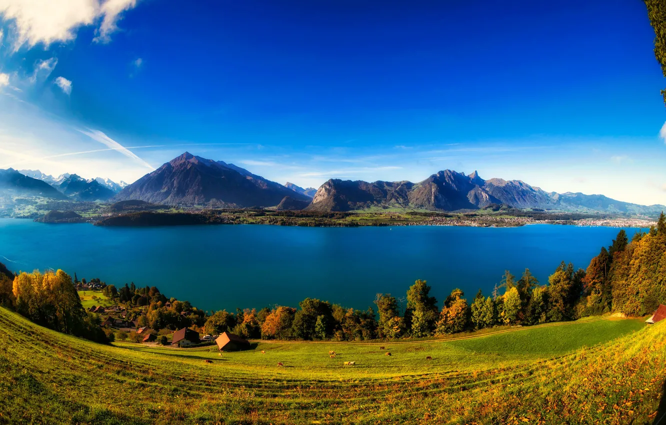 Photo wallpaper autumn, the sky, grass, the sun, clouds, trees, mountains, lake