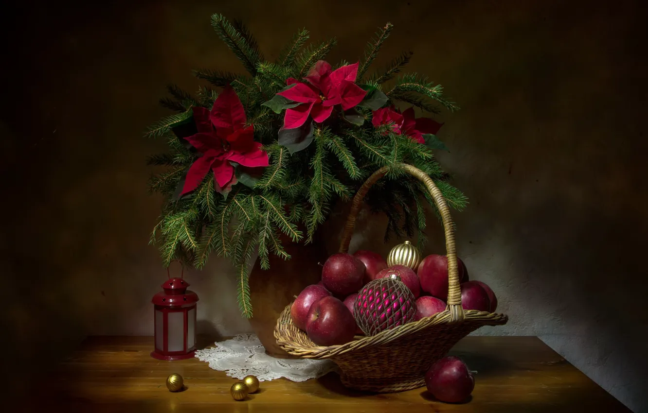 Photo wallpaper balls, balls, apples, Christmas, lantern, New year, still life, basket