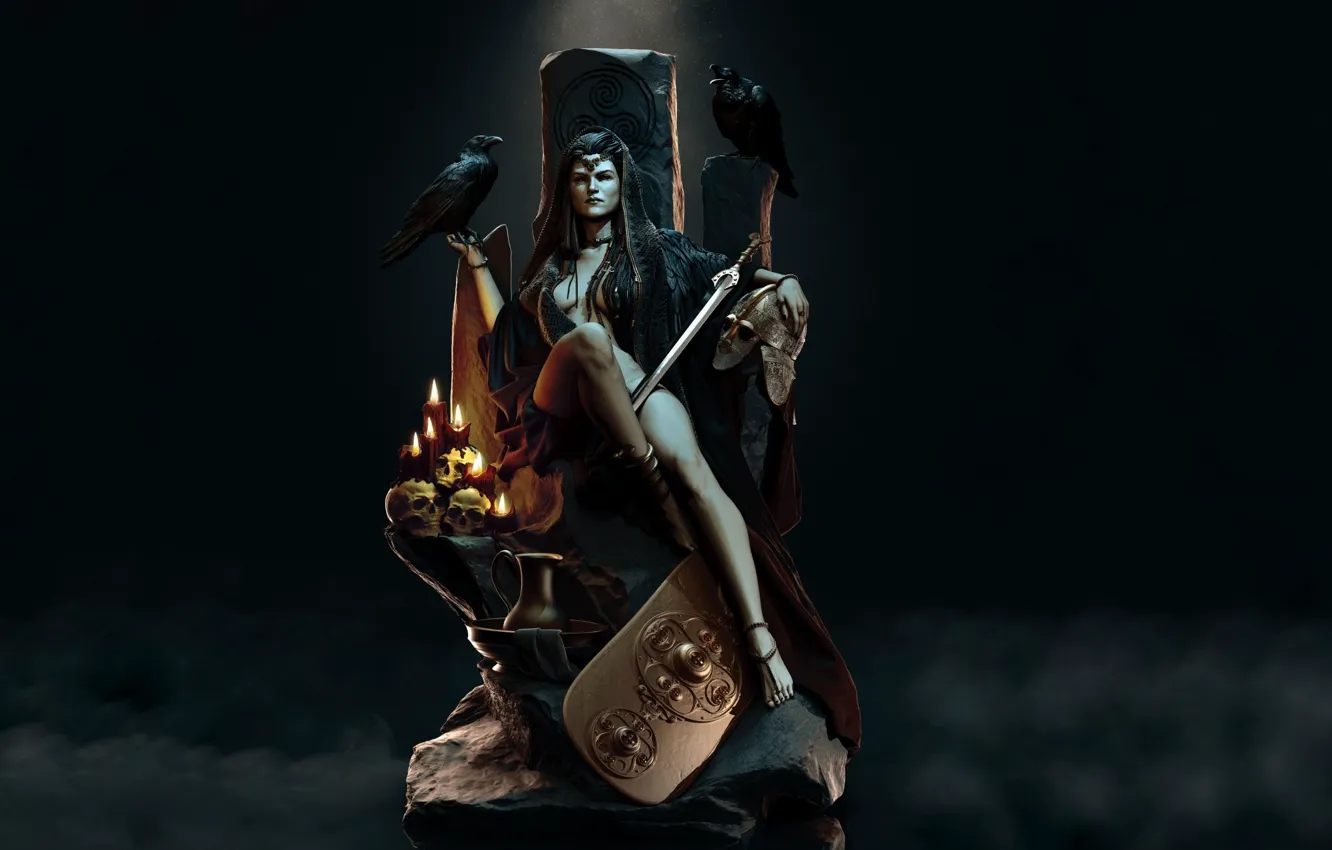 Photo wallpaper woman, skull, sword, bowl, bracelet, pitcher, shield, Diadema