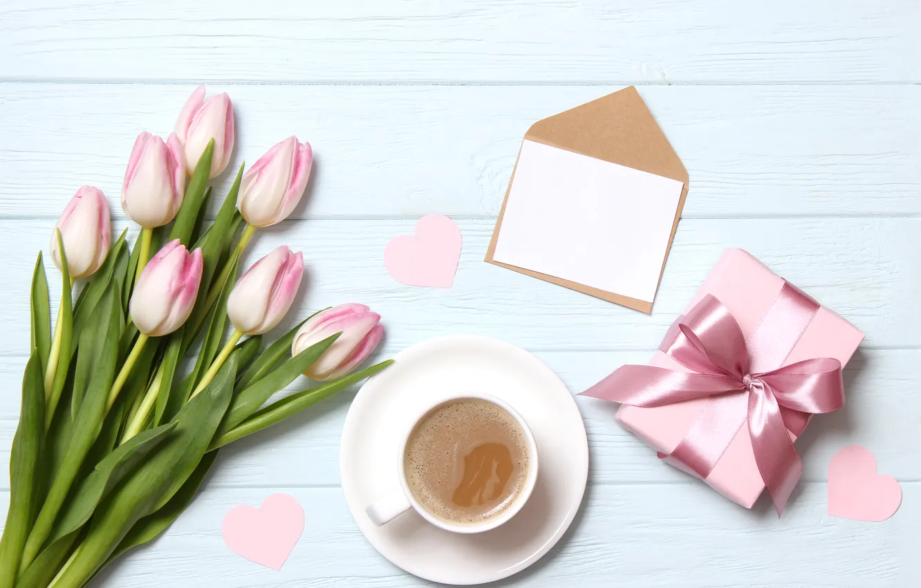 Photo wallpaper flowers, gift, bouquet, tulips, pink, wood, pink, flowers