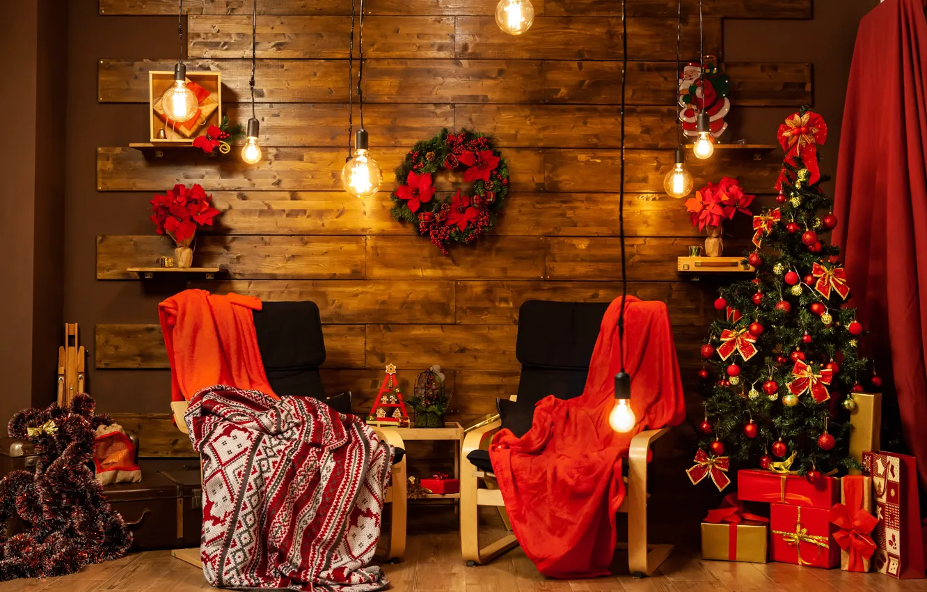 Photo wallpaper decoration, gift, tree, new year, interior, Christmas, Christmas, wood
