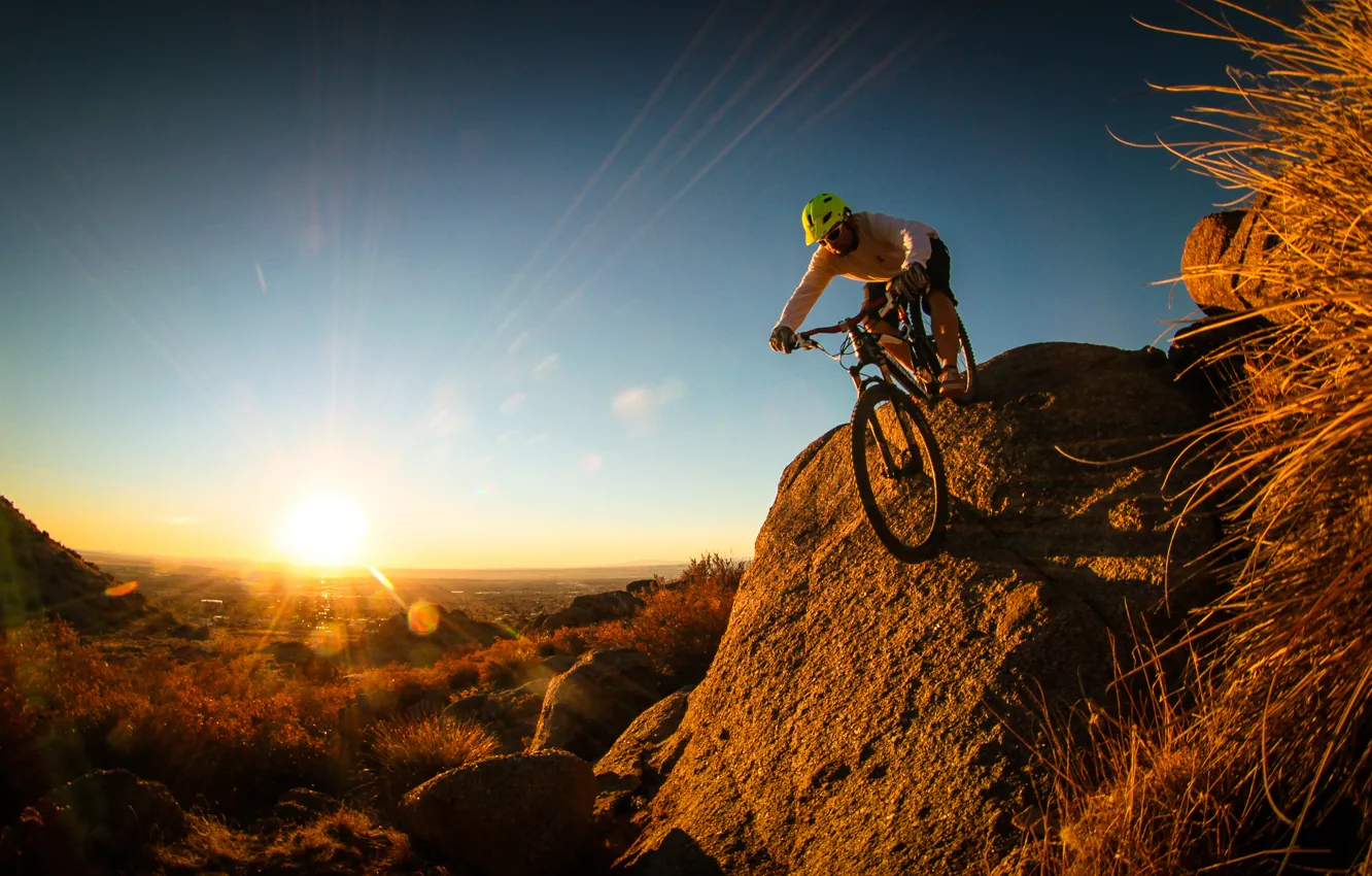Photo wallpaper nature, hills, male, cyclist, mountain bike