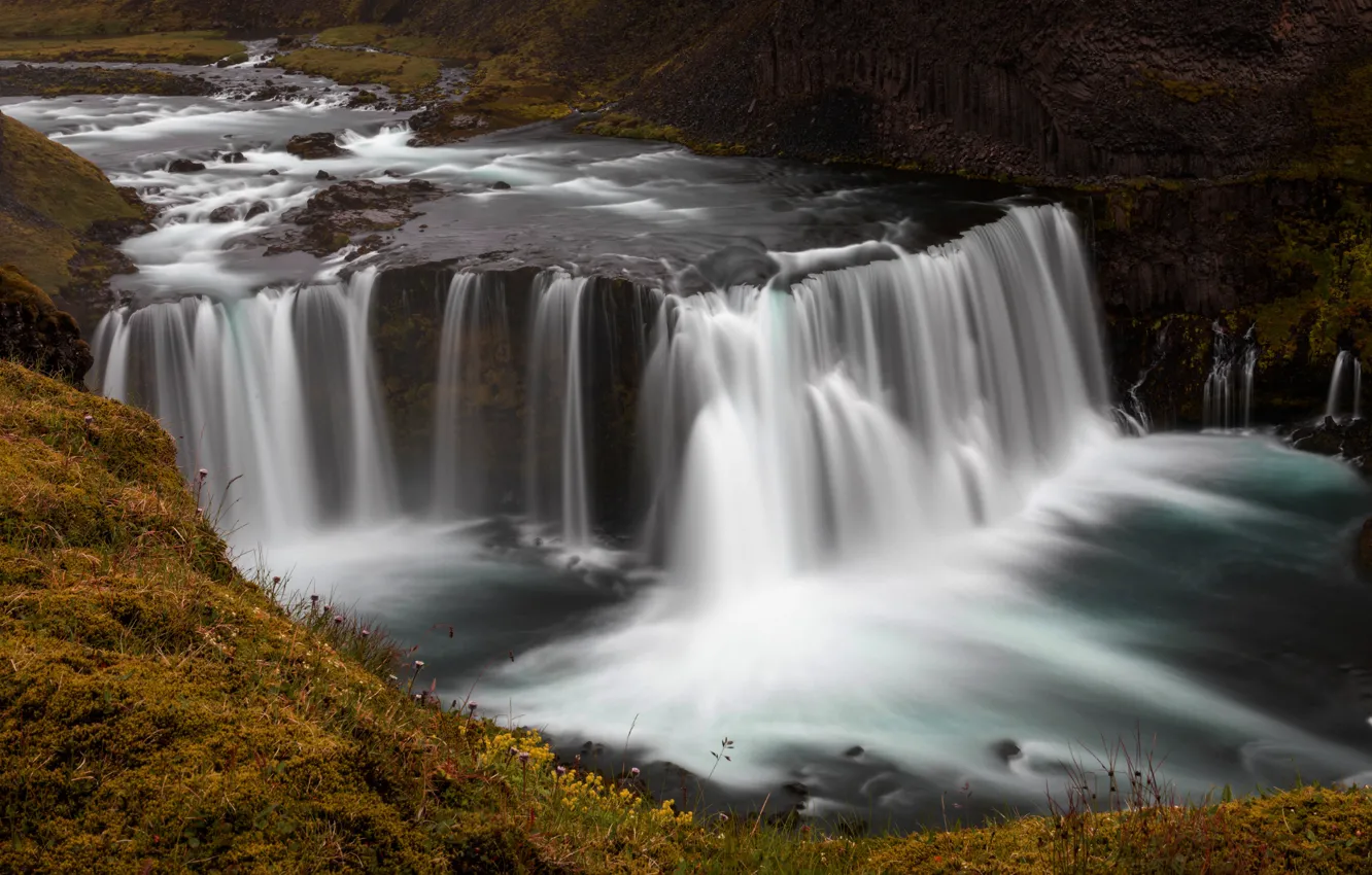 Photo wallpaper grass, stones, rocks, shore, for, waterfall, stream, pond