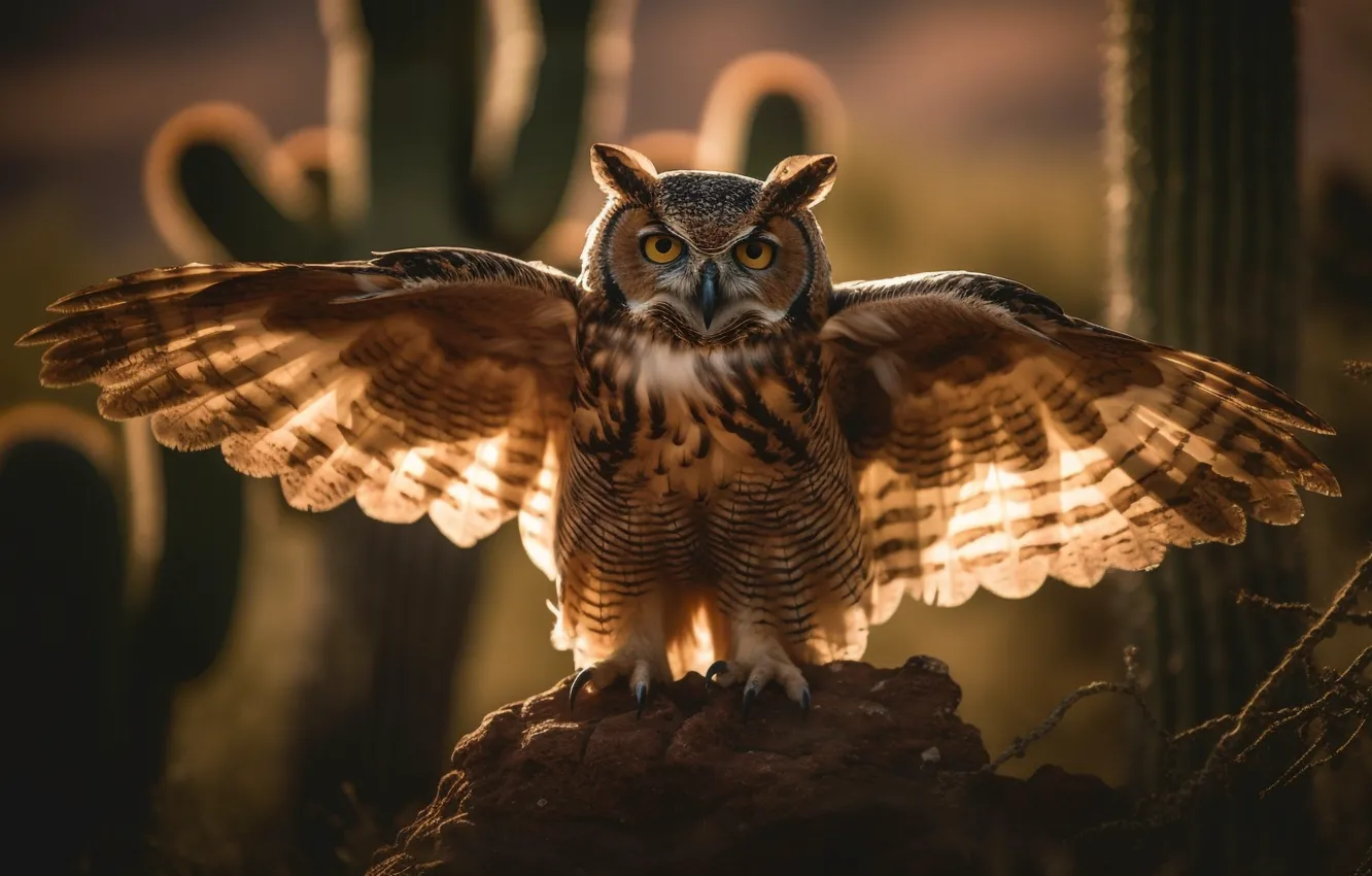 Photo wallpaper look, light, nature, stones, owl, bird, desert, cactus