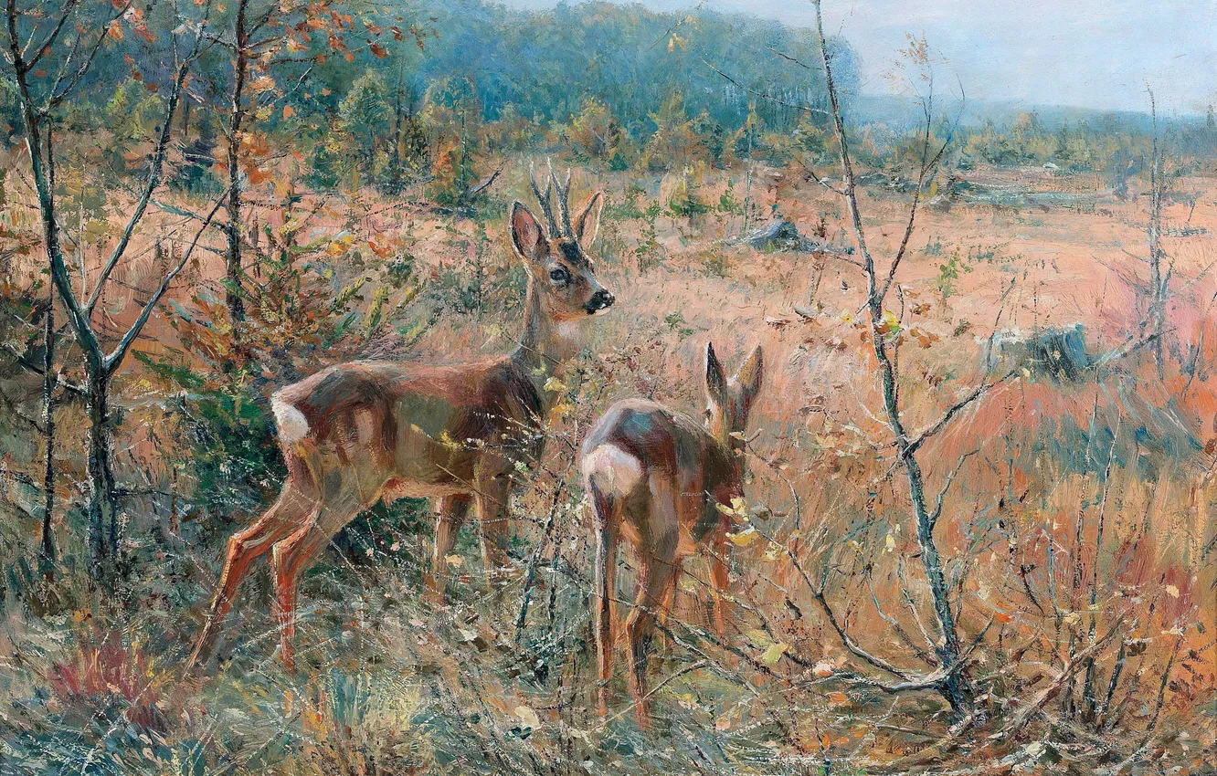 Photo wallpaper Autumn, Trees, Picture, Two, German artist, Wilhelm Lorenz, Wilhelm Lorenz, Roe deer