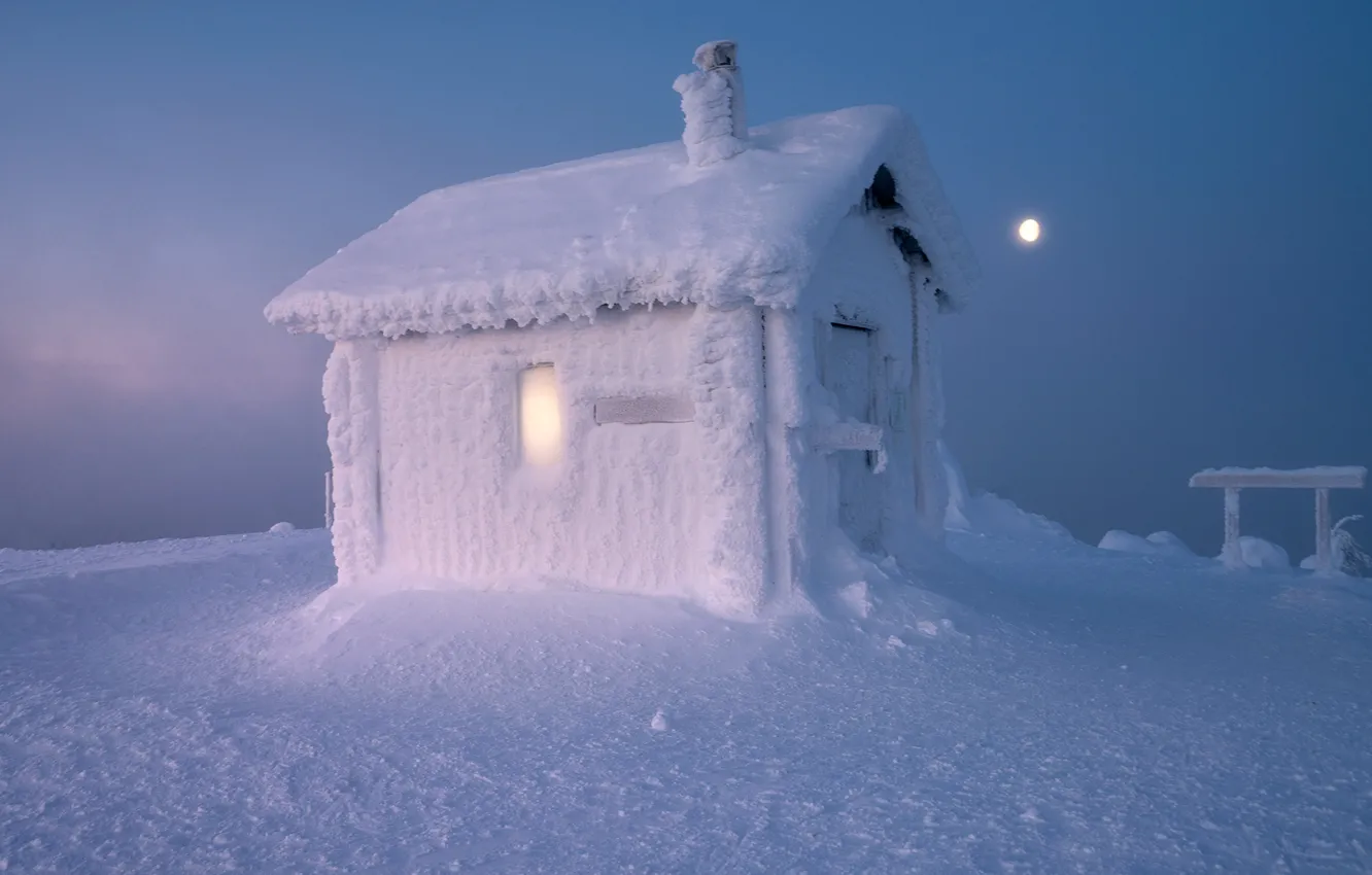 Photo wallpaper winter, snow, landscape, nature, house, the moon, morning, Lapland