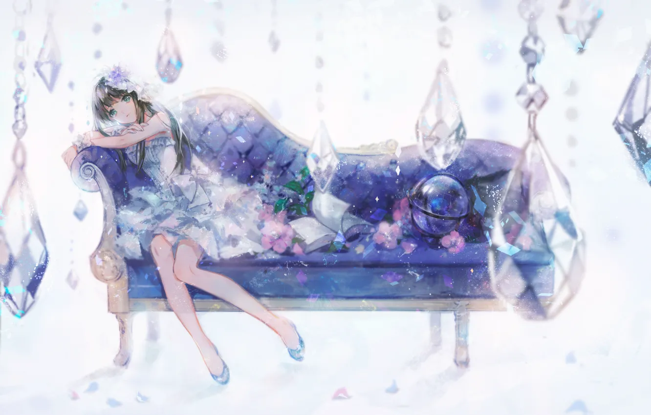 Photo wallpaper girl, flowers, sofa, anime, art, book, idolmaster, shibuya rin
