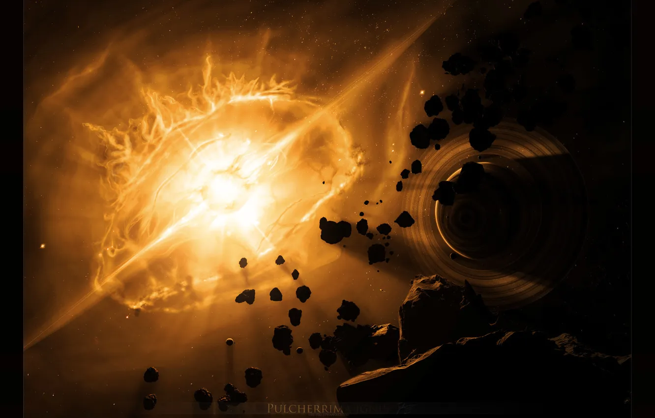 Photo wallpaper the wreckage, light, the explosion, asteroids