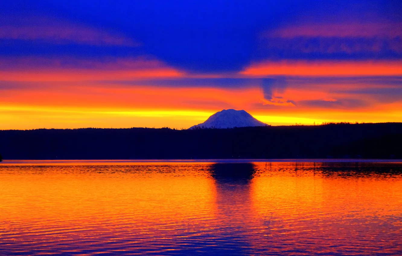 Photo wallpaper forest, the sky, clouds, sunset, mountains, lake, glow