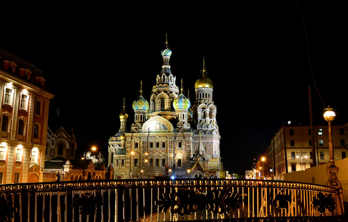 Photo wallpaper night, lights, lights, Saint Petersburg, Church, Cathedral, temple, Russia