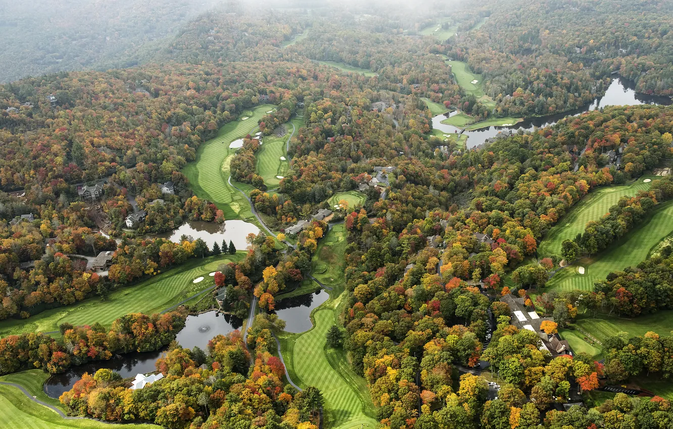 Photo wallpaper autumn, field, panorama, USA, forest, river, North Carolina