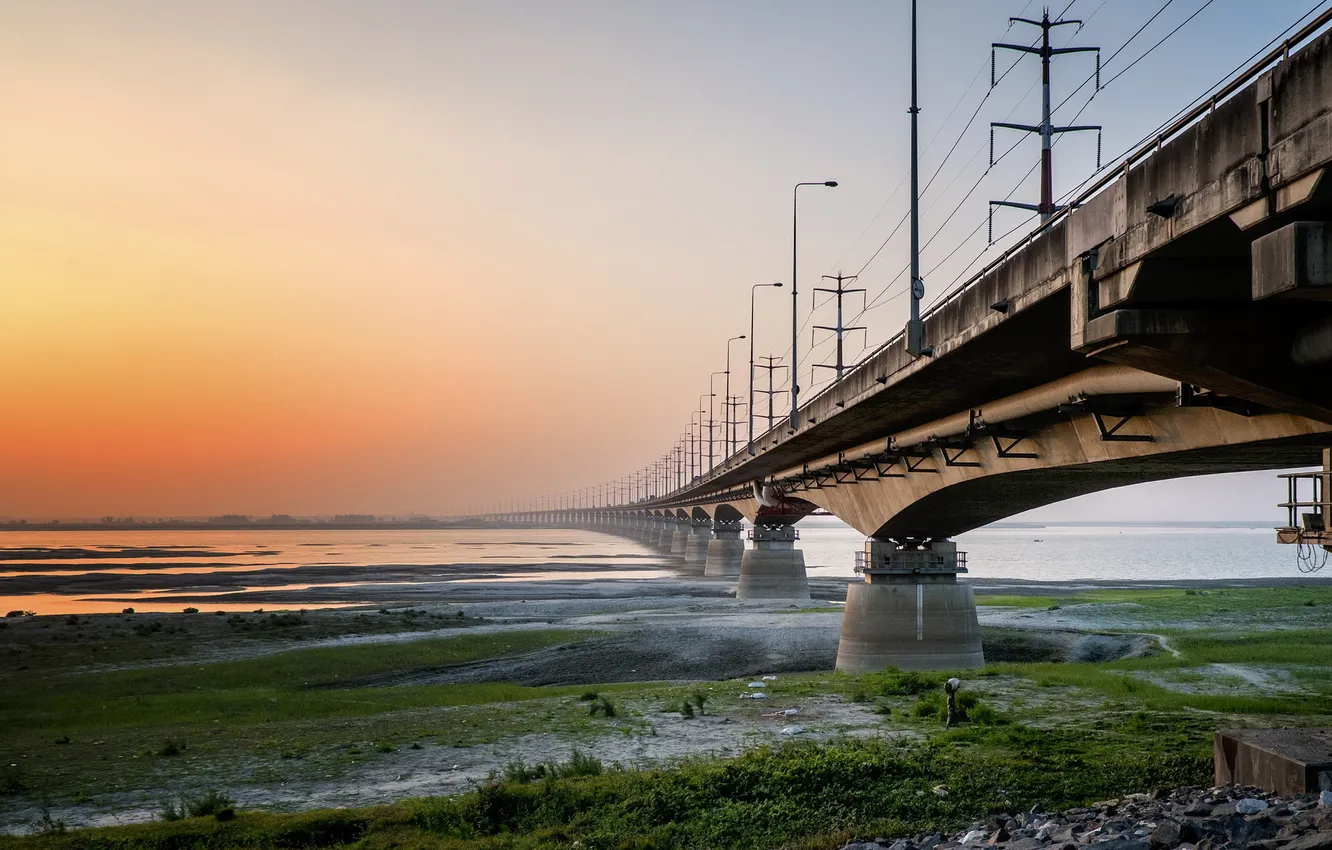Photo wallpaper landscape, sunset, bridge, river