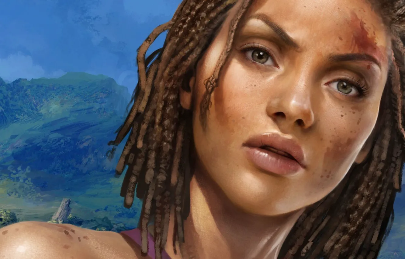 Photo wallpaper girl, blood, game, eyes, island, face, Dead Island, Uzi