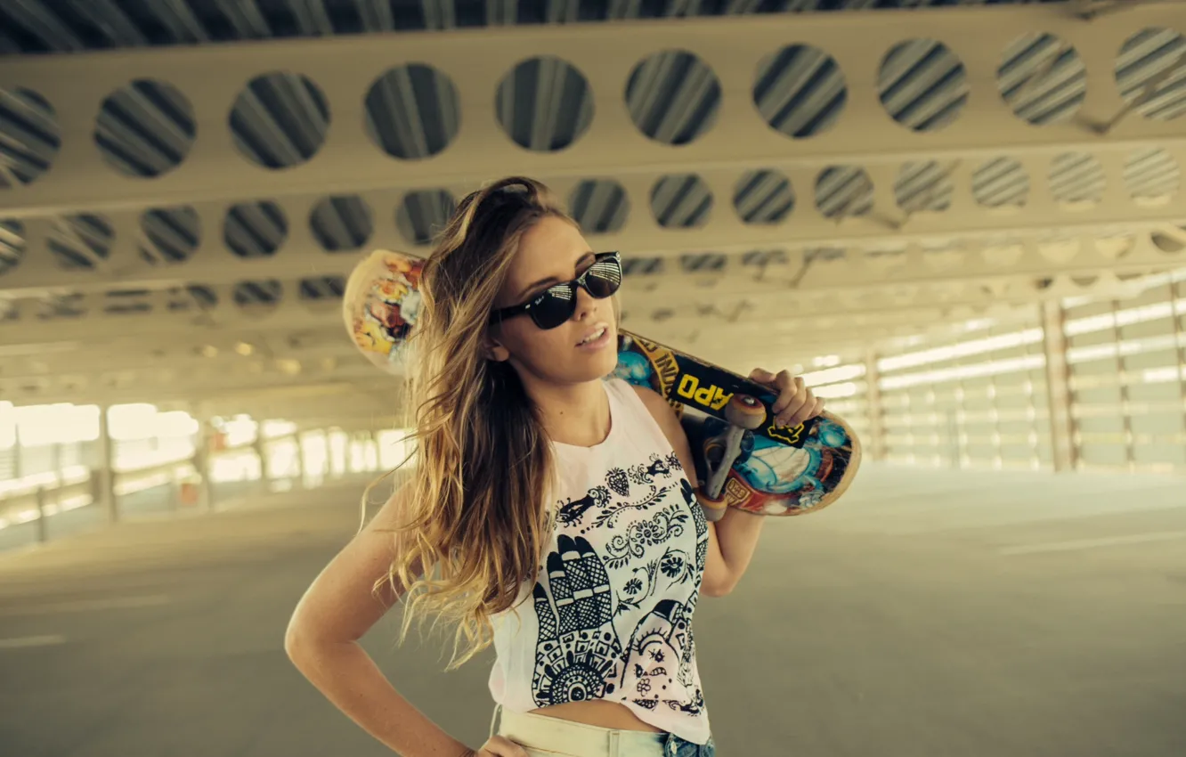 Photo wallpaper girl, model, blonde, skateboard