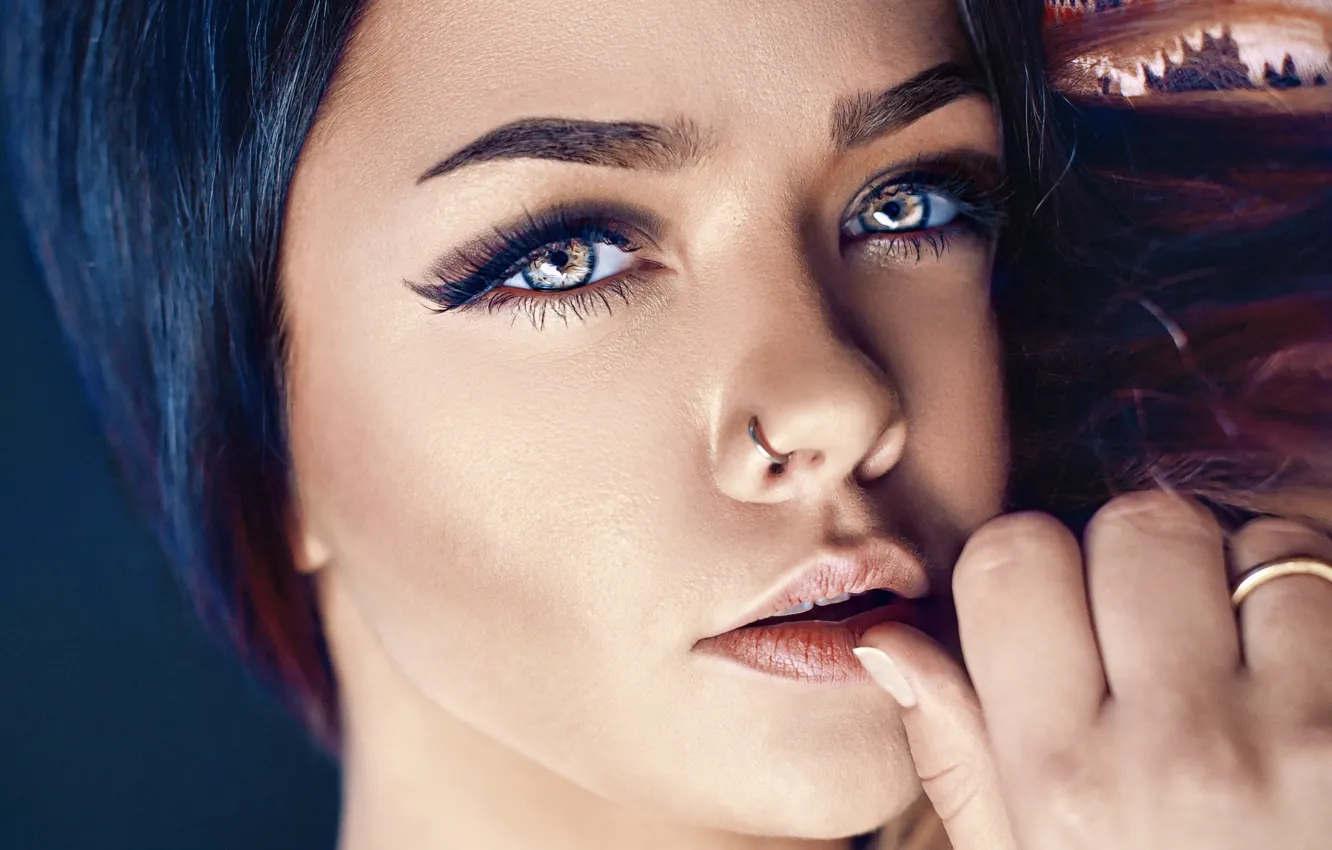Photo wallpaper eyes, look, girl, face, eyelashes, portrait, leather, piercing