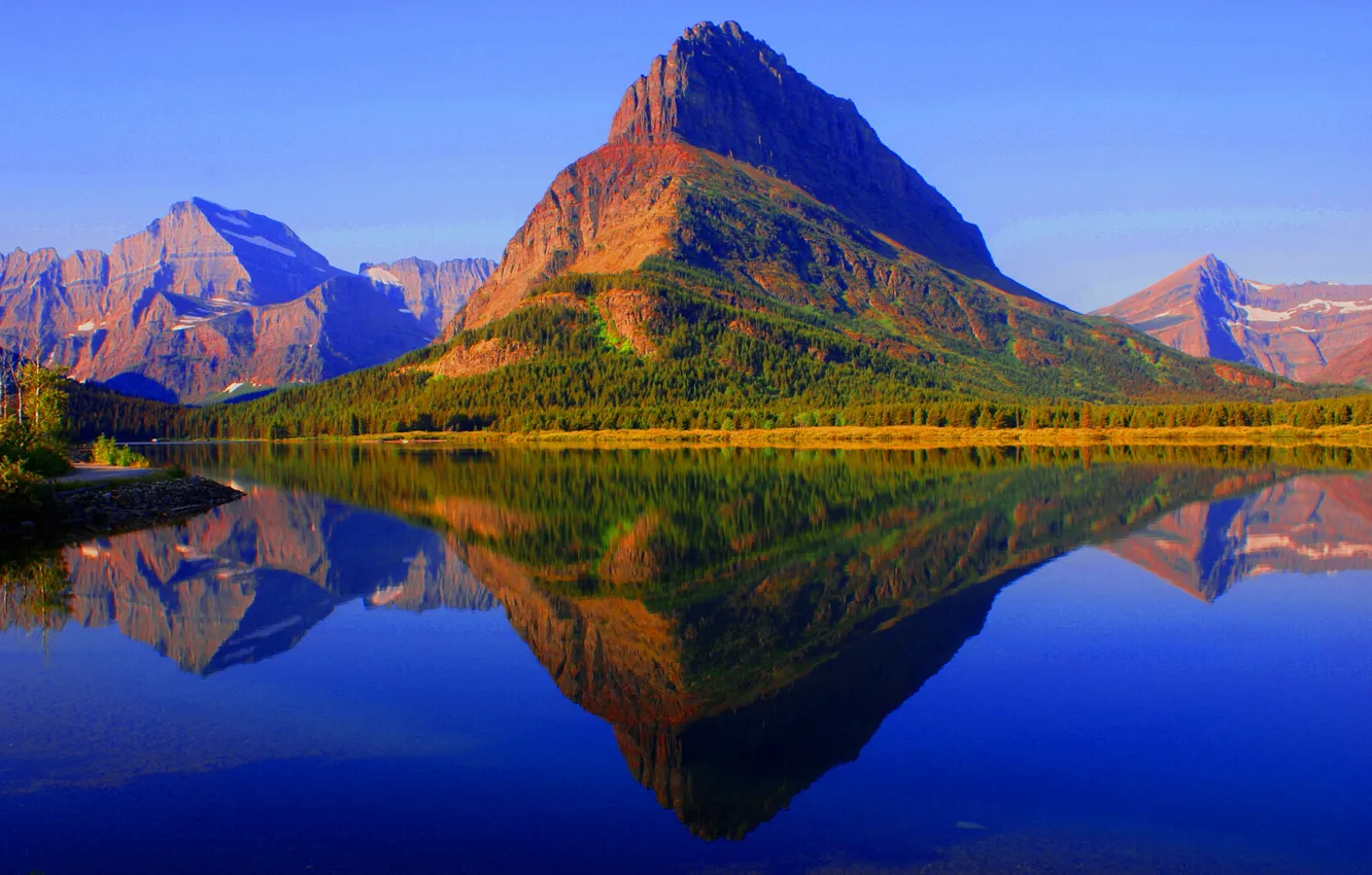 Photo wallpaper autumn, forest, the sky, mountains, lake, reflection, Montana, USA