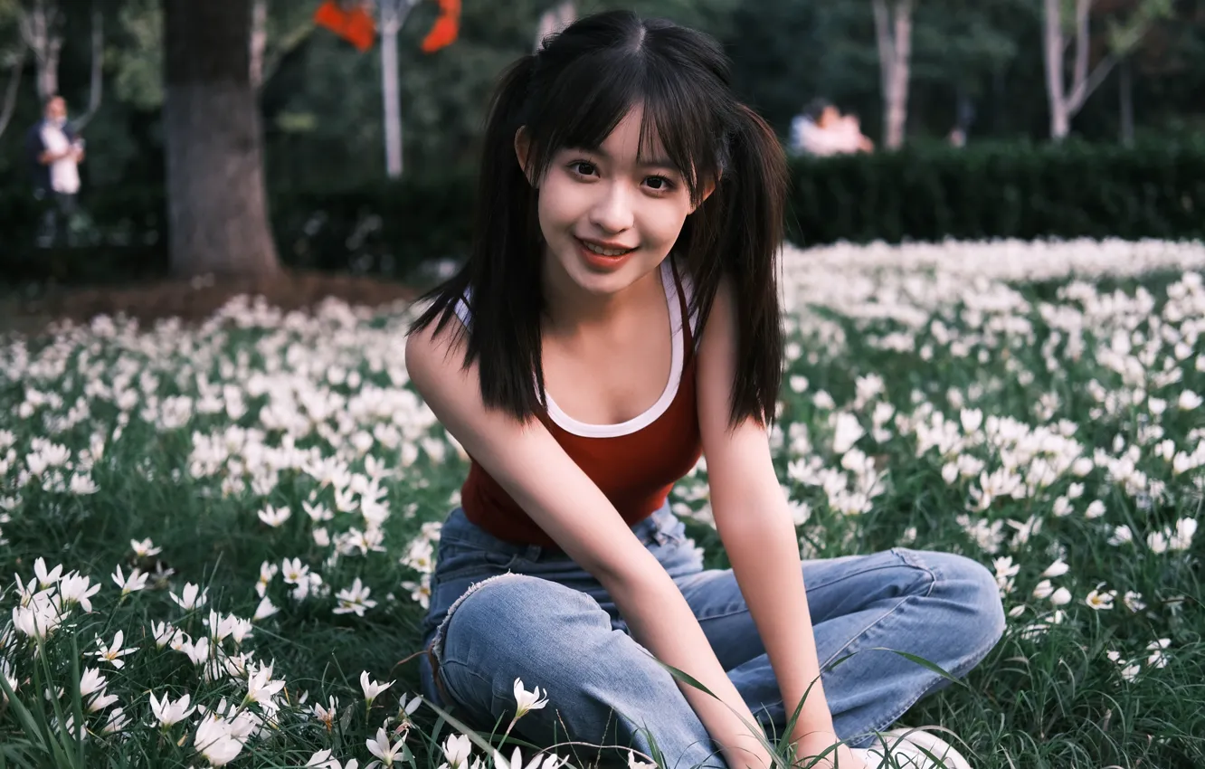 Photo wallpaper Grass, Beautiful, Asian, Model, Flowers, Smile, Lily, Denim