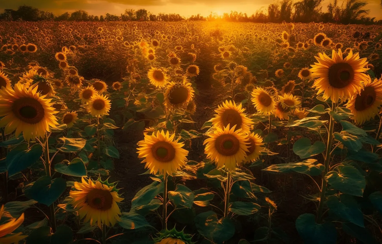 Photo wallpaper field, summer, the sky, the sun, light, sunflowers, sunset, flowers