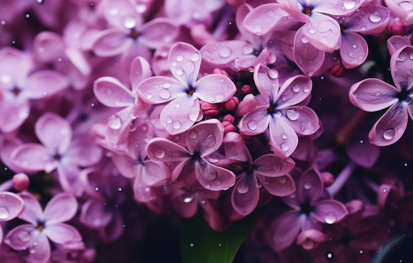 Photo wallpaper drops, macro, flowers, nature, spring, flowering, lilac, blooming
