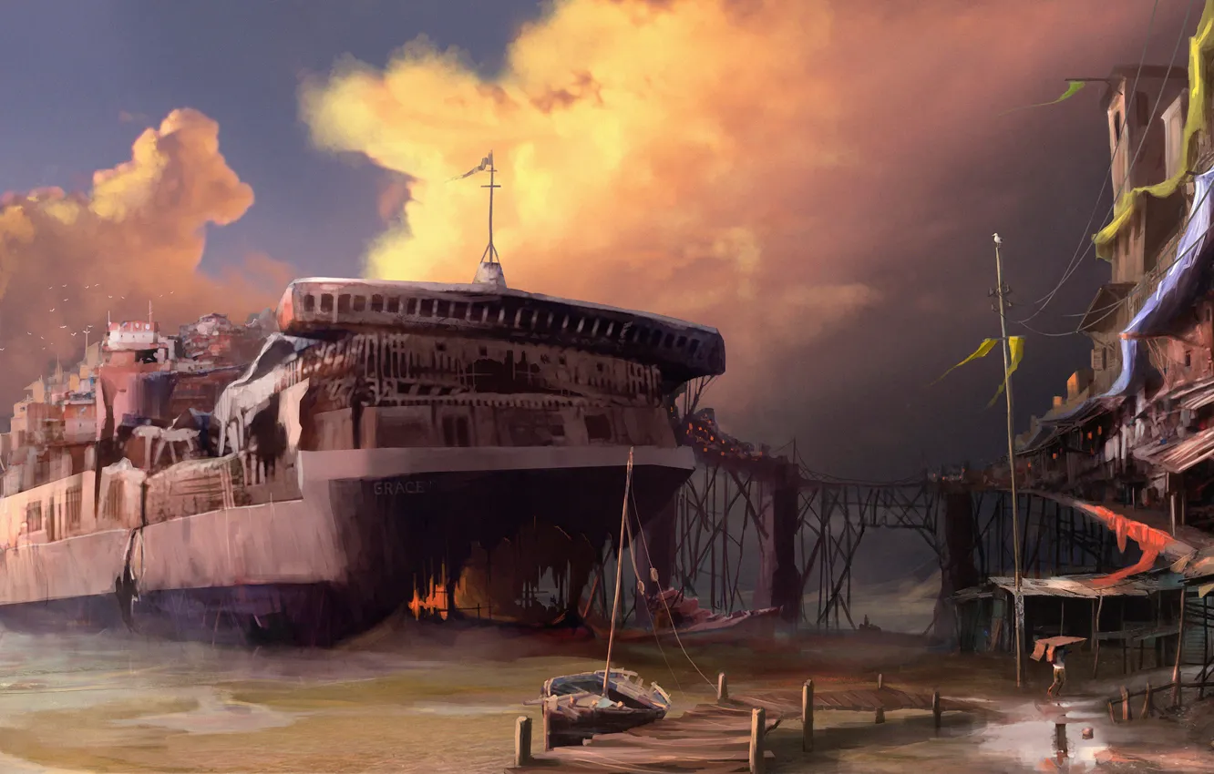 Photo wallpaper sea, clouds, ship, home, sailboat, the skeleton, pierce, tanker