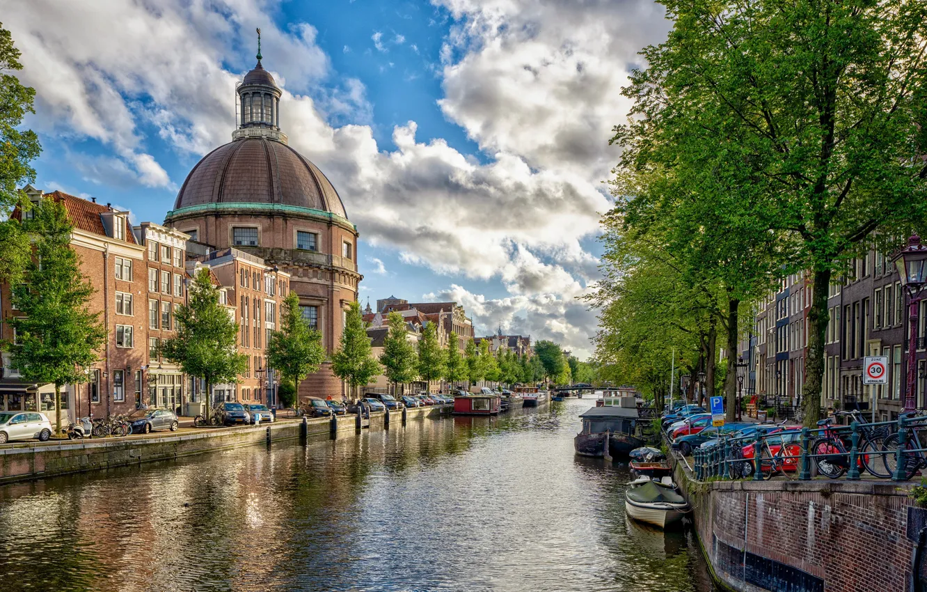 Photo wallpaper summer, clouds, river, building, boats, Amsterdam, Church, Netherlands