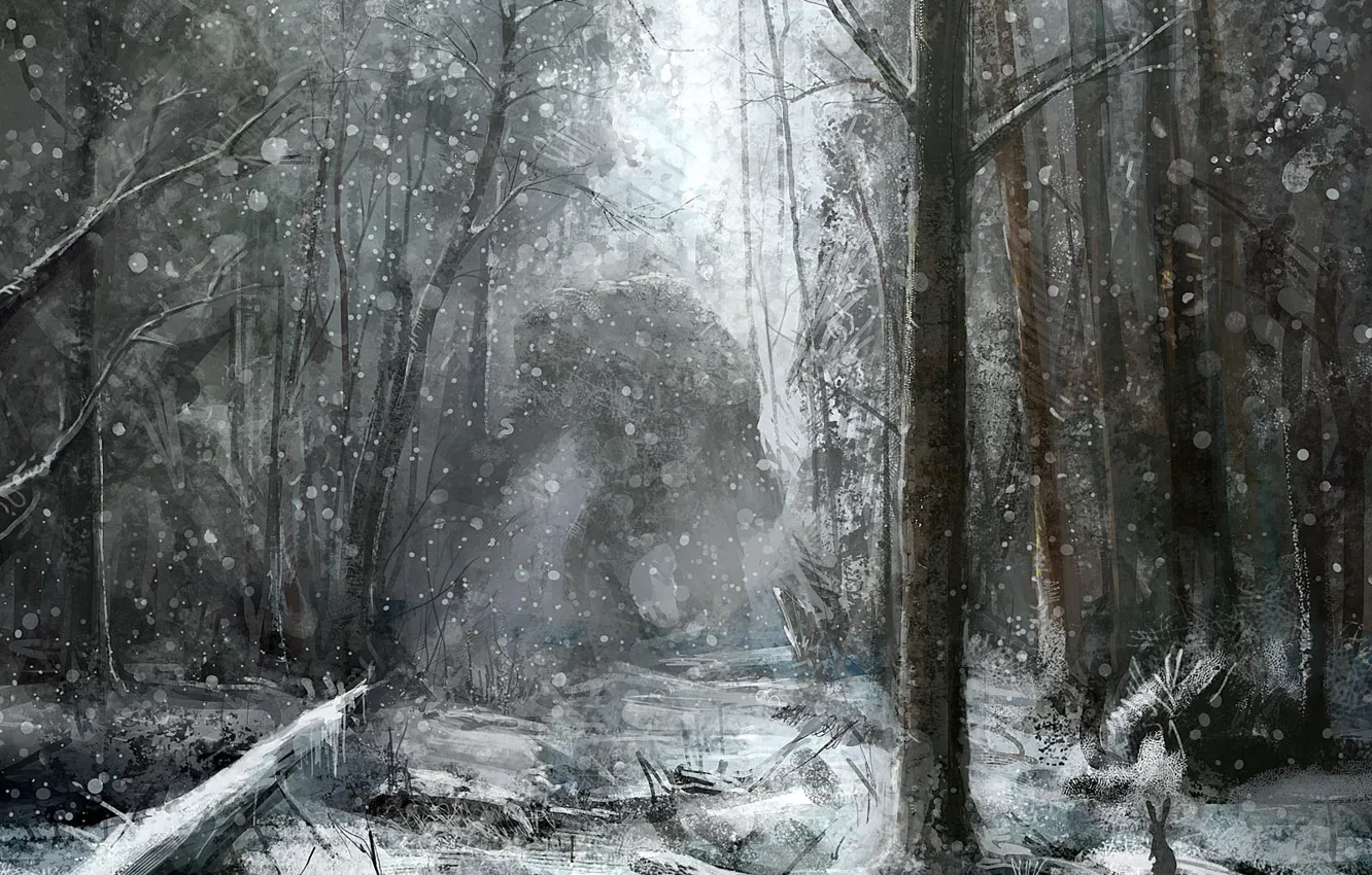 Photo wallpaper forest, snow, figure, monster