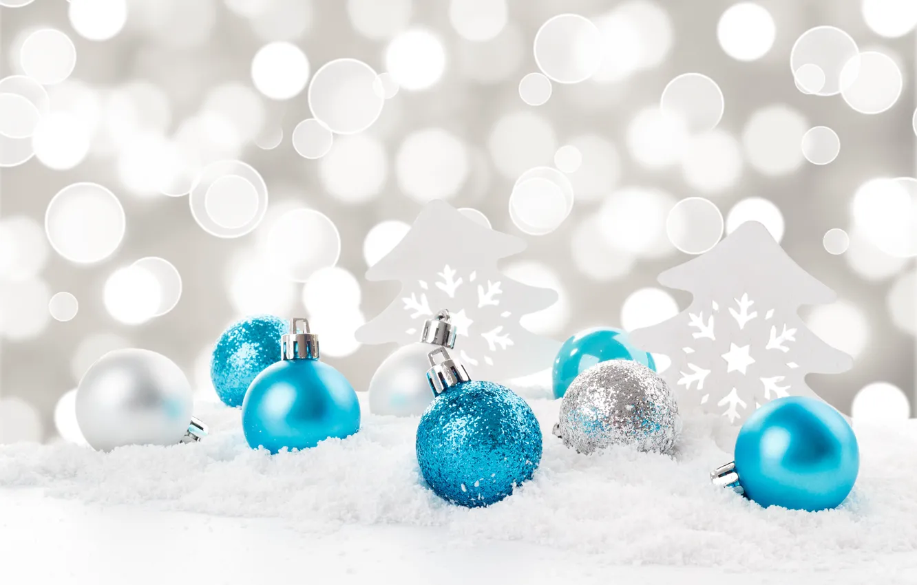 Photo wallpaper snow, snowflakes, balls, New Year, Christmas, Christmas, balls, blue