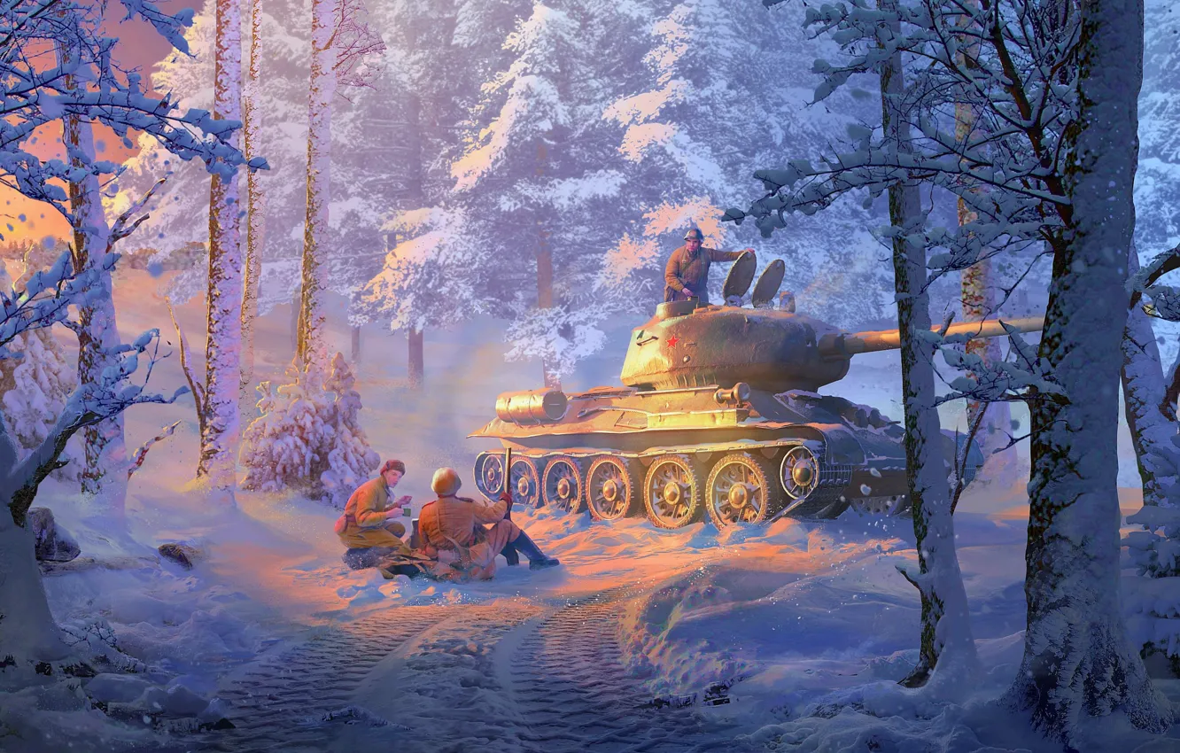 Photo wallpaper Winter, Trees, Snow, Dawn, Soldiers, Art, Tank, T-34-85