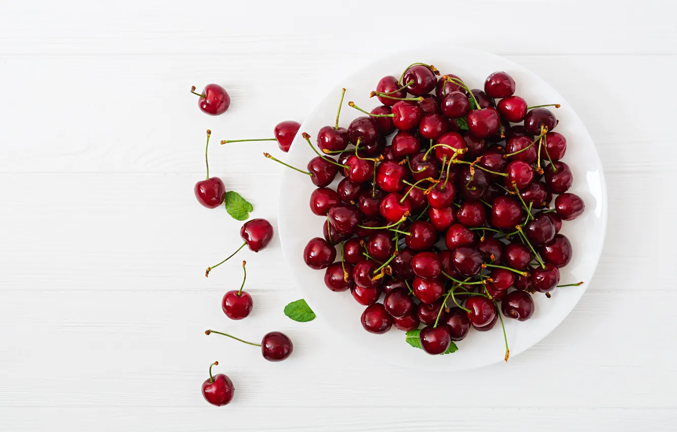 Photo wallpaper berries, background, plate, Cherry